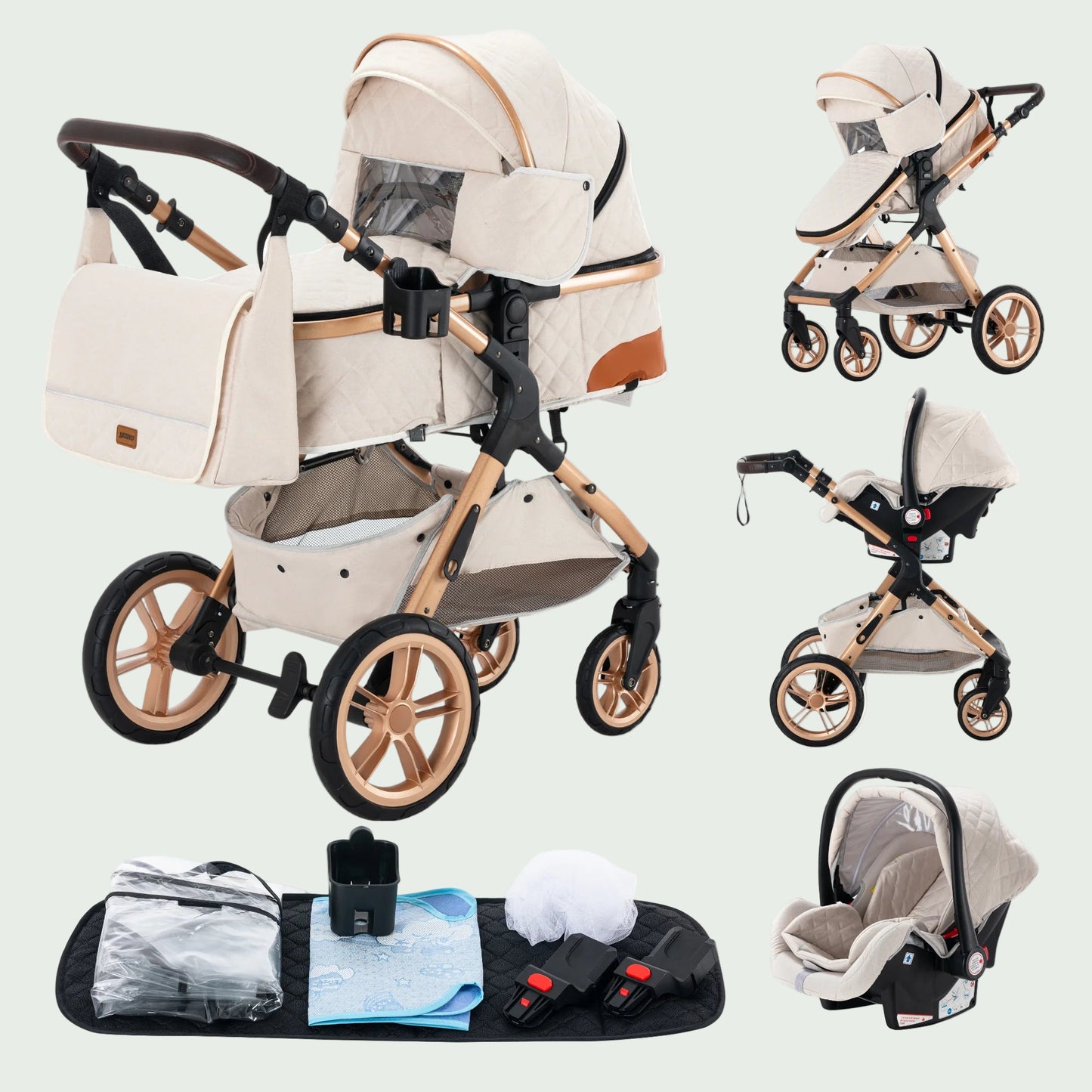 Poussette 3 en 1 Bébé – Landau de Voyage Portable, Pliage Facile, Cadre Aluminium
