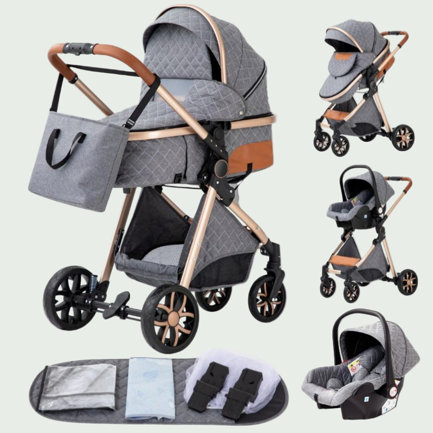 Poussette 3 en 1 Bébé – Landau de Voyage Portable, Pliage Facile, Cadre Aluminium