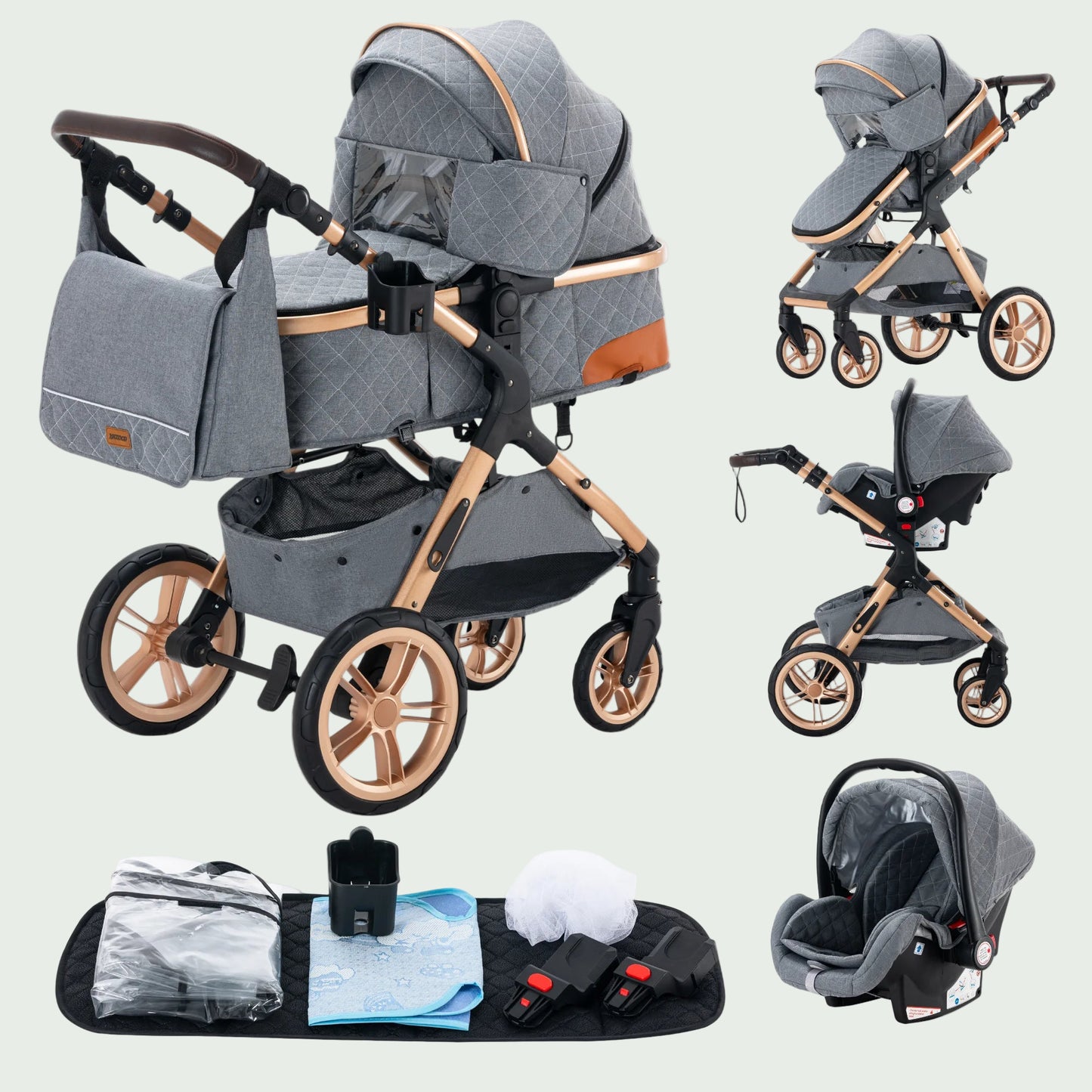 Poussette 3 en 1 Bébé – Landau de Voyage Portable, Pliage Facile, Cadre Aluminium