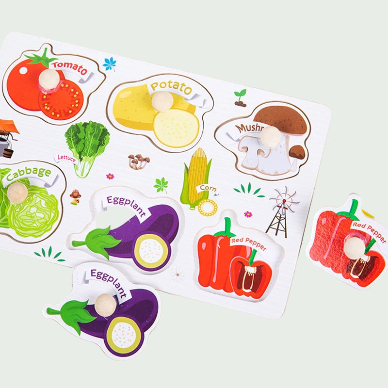 Puzzles à Saisir Montessori en Bois – Animaux, Véhicules & Fruits – Jouets Éducatifs 3D