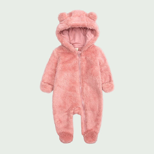Combinaison Hiver Bébé en Polaire Rose – À Capuche, Ultra Douce, Avec Fermeture Éclair