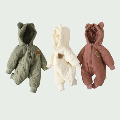 Combinaison Hiver Bébé Doublée Fourrure Verte – Motif Ourson, Chaude & Douce pour Garçon et Fille