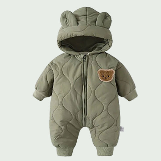 Combinaison Hiver Bébé Doublée Fourrure Verte – Motif Ourson, Chaude & Douce pour Garçon et Fille