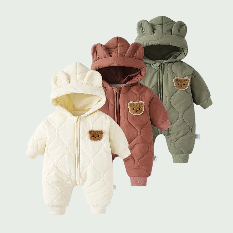 Combinaison Hiver Bébé Doublée Fourrure Verte – Motif Ourson, Chaude & Douce pour Garçon et Fille