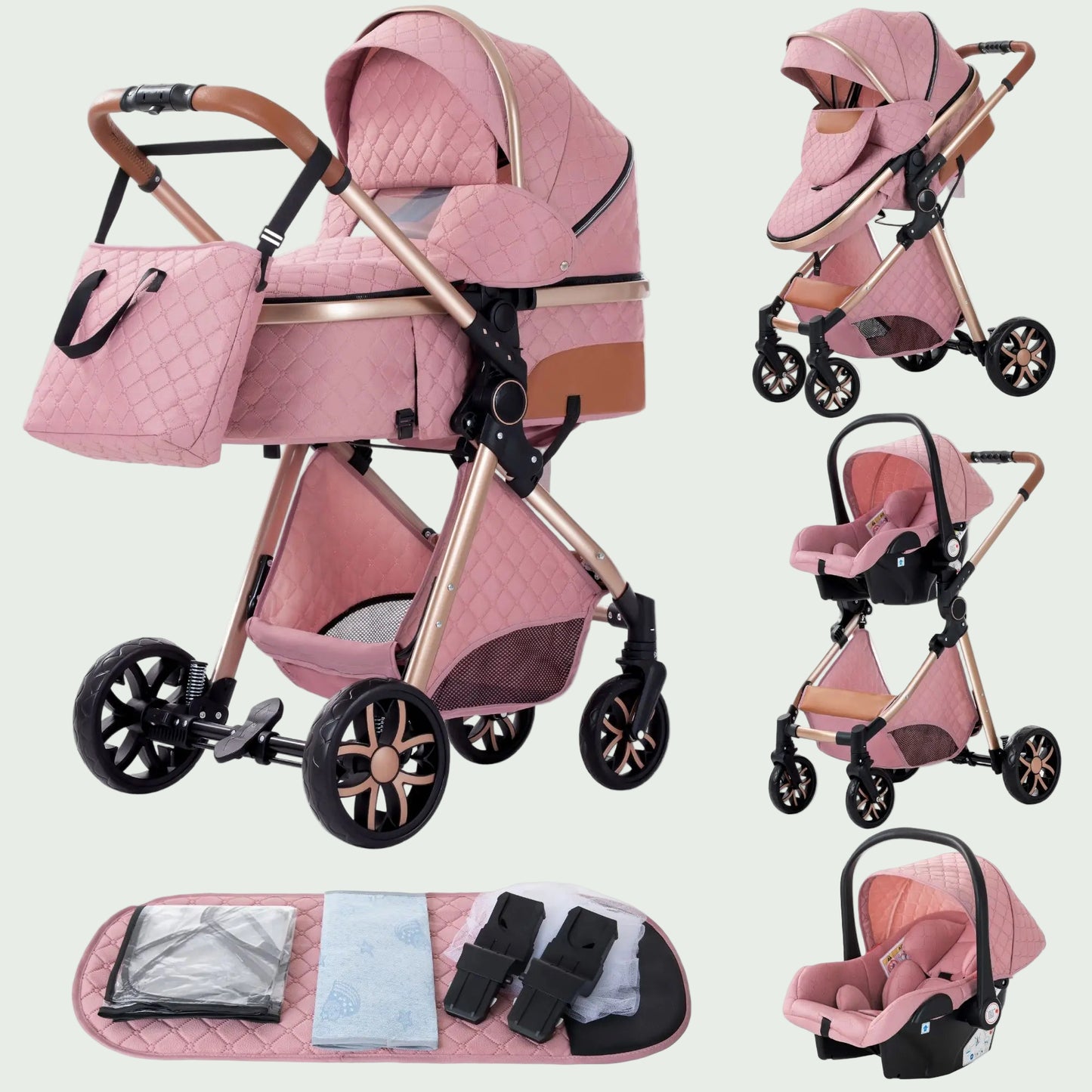 Poussette 3 en 1 Bébé – Landau de Voyage Portable, Pliage Facile, Cadre Aluminium