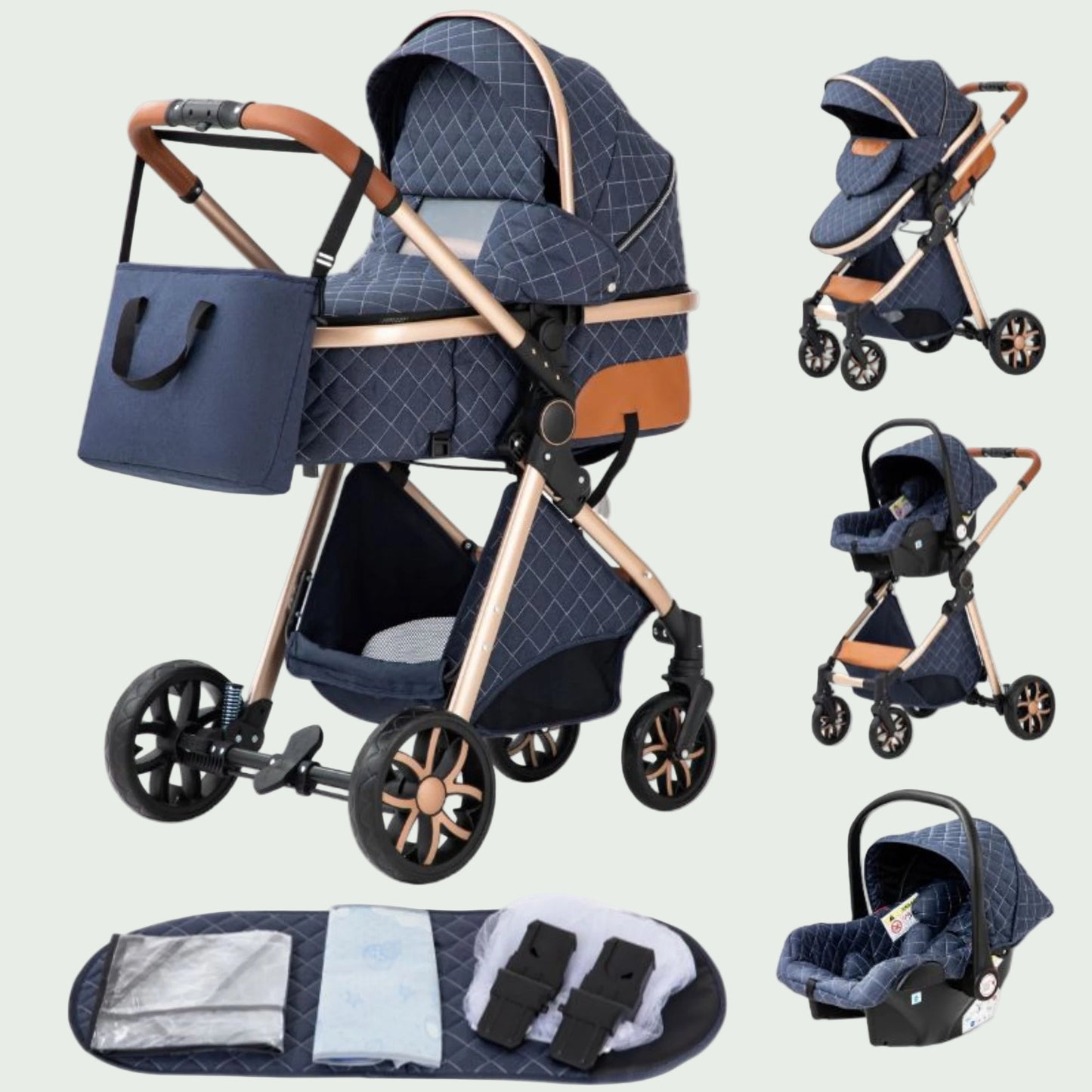 Poussette 3 en 1 Bébé – Landau de Voyage Portable, Pliage Facile, Cadre Aluminium