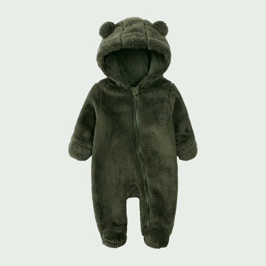 Combinaison Hiver Bébé en Polaire Kaki – À Capuche, Ultra Douce, Avec Fermeture Éclair