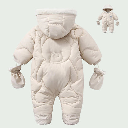 Combinaison Hiver Bébé en Velours Grise – Motif Ours Cartoon au Dos, Ultra Chaude pour Garçons & Filles