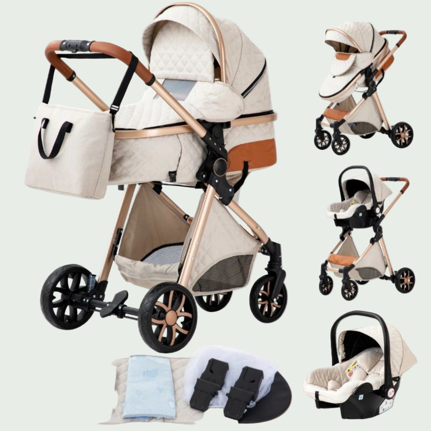 Poussette 3 en 1 Bébé – Landau de Voyage Portable, Pliage Facile, Cadre Aluminium