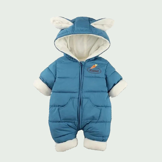 Combinaison Hiver Bébé Bleue – Combinaison Chaude en Velours avec Capuche Lapin, Garçon & Fille