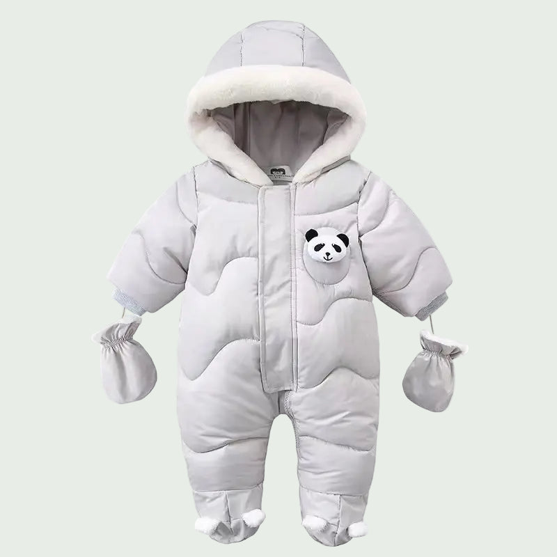 Combinaison Hiver Bébé en Velours Grise – Motif Ours Cartoon au Dos, Ultra Chaude pour Garçons & Filles