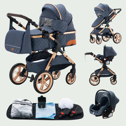 Poussette 3 en 1 Bébé – Landau de Voyage Portable, Pliage Facile, Cadre Aluminium