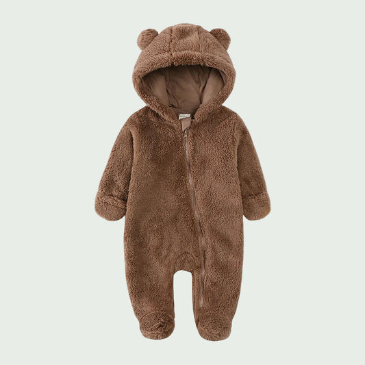 Combinaison Hiver Bébé en Polaire Marron – À Capuche, Ultra Douce, Avec Fermeture Éclair