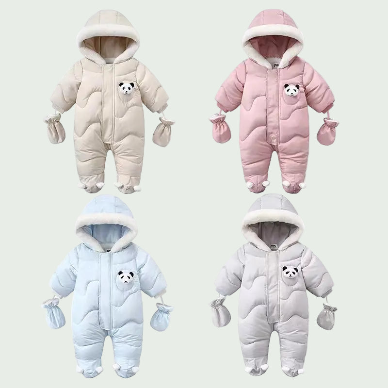 Combinaison Hiver Bébé en Velours Grise – Motif Ours Cartoon au Dos, Ultra Chaude pour Garçons & Filles