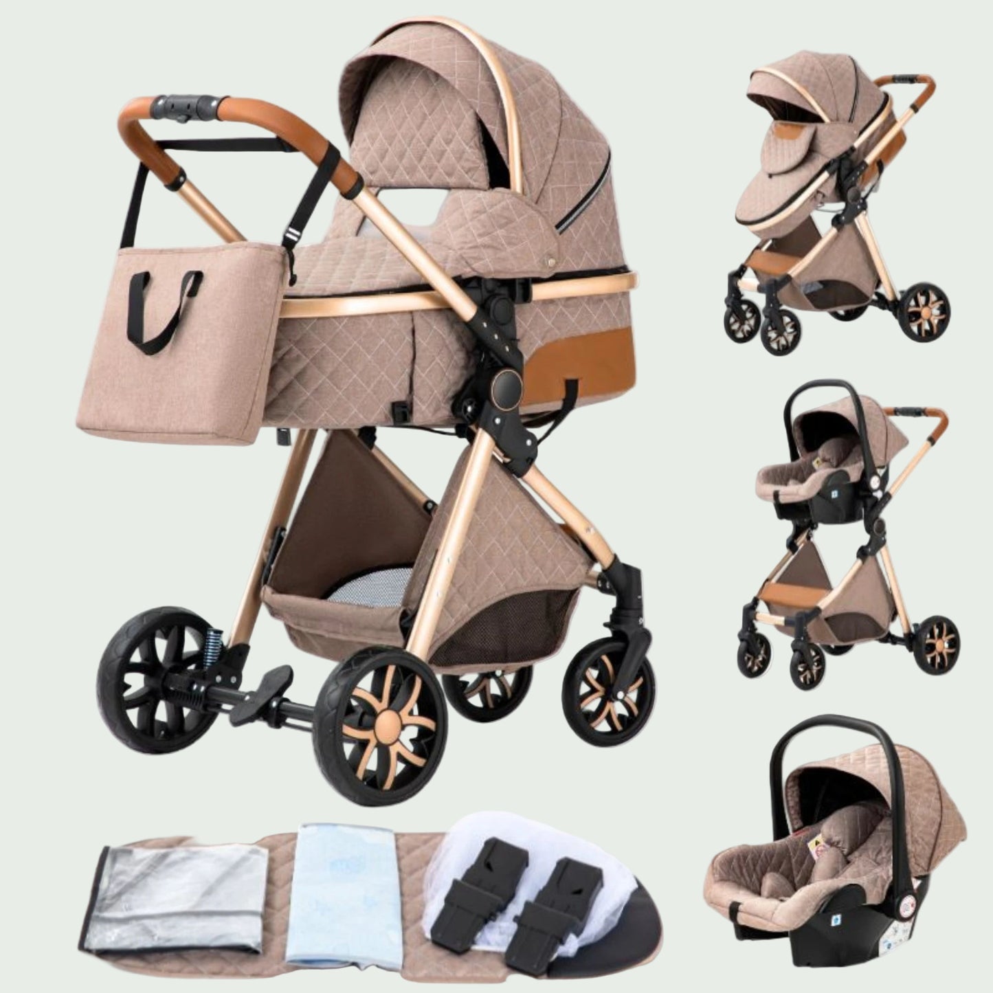 Poussette 3 en 1 Bébé – Landau de Voyage Portable, Pliage Facile, Cadre Aluminium