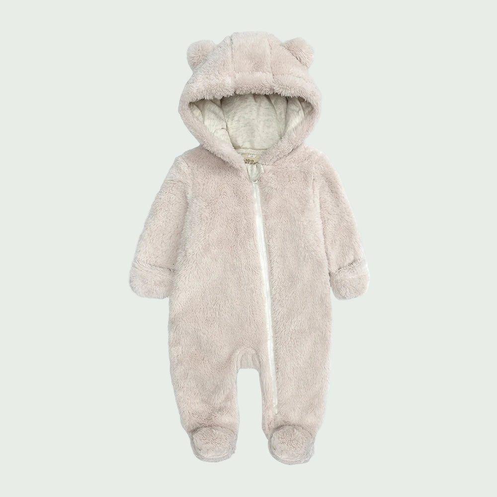 Combinaison Hiver Bébé en Polaire Beige  – À Capuche, Ultra Douce, Avec Fermeture Éclair