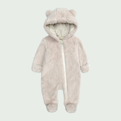 Combinaison Hiver Bébé en Polaire Beige  – À Capuche, Ultra Douce, Avec Fermeture Éclair