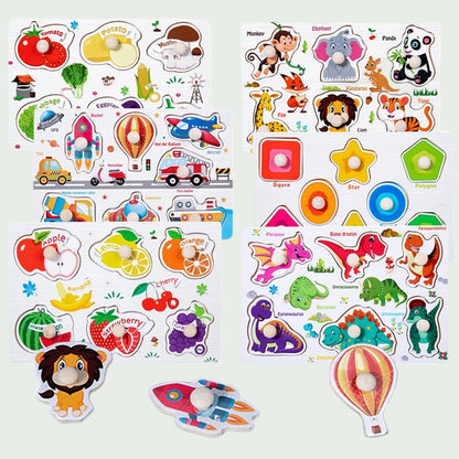 Puzzles à Saisir Montessori en Bois – Animaux, Véhicules & Fruits – Jouets Éducatifs 3D