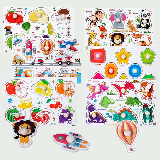 Puzzles à Saisir Montessori en Bois – Animaux, Véhicules & Fruits – Jouets Éducatifs 3D