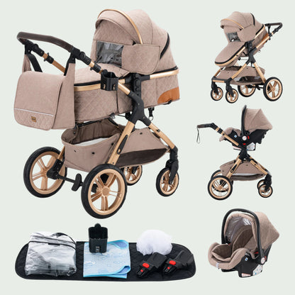 Poussette 3 en 1 Bébé – Landau de Voyage Portable, Pliage Facile, Cadre Aluminium